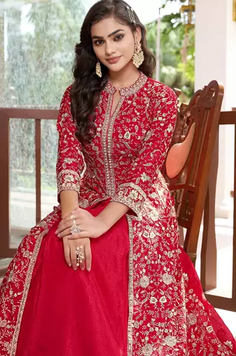 Saahmriga Red Chinon Stitched Top With lehenga and Dupatta 3/4 Sleeve Embroidered Lehenga Set