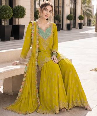 yellow embroidered silk blend chiffon salwar suit 2