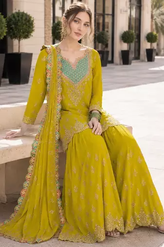 yellow embroidered silk blend chiffon salwar suit