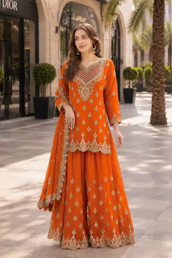 orange embroidered silk blend chiffon salwar suit