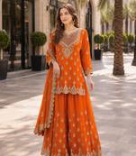 orange embroidered silk blend chiffon salwar suit