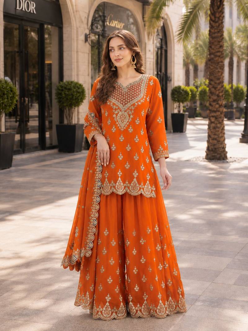 orange embroidered silk blend chiffon salwar suit