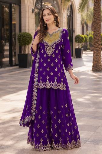 orange embroidered silk blend chiffon salwar suit