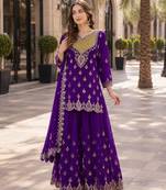 orange embroidered silk blend chiffon salwar suit