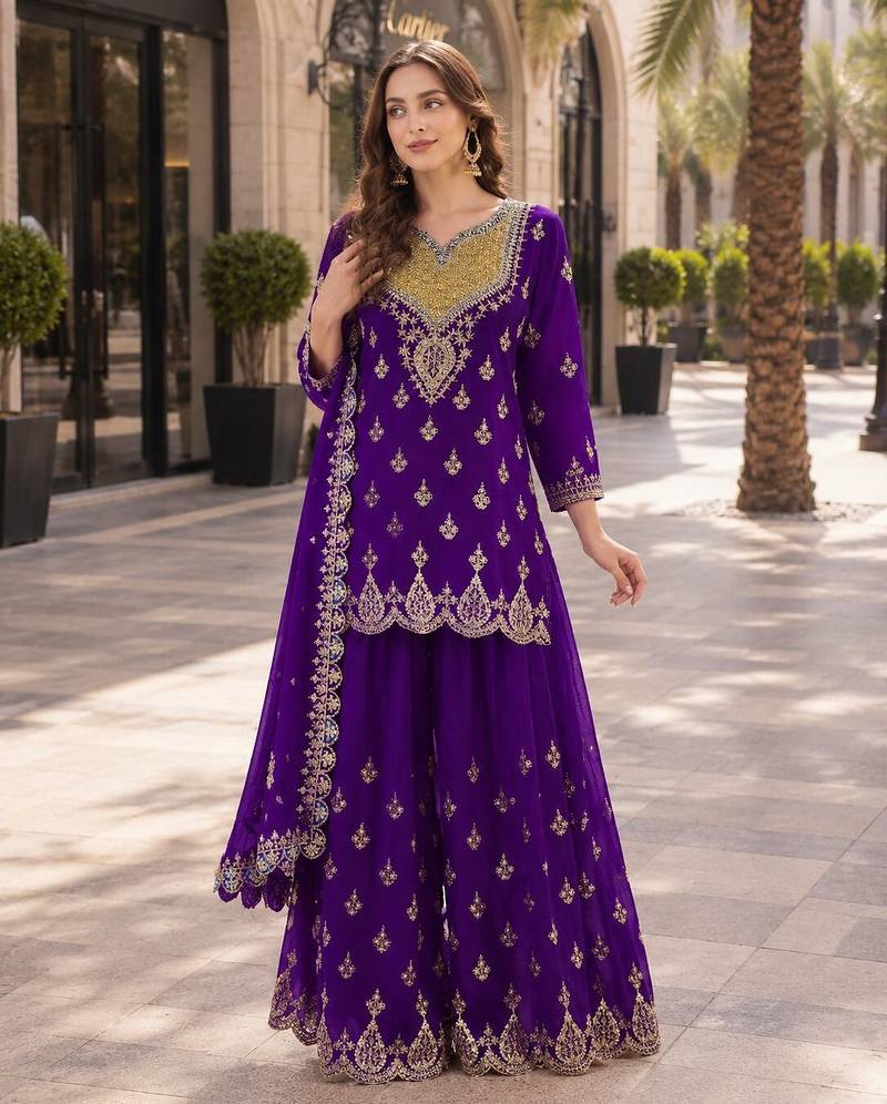 orange embroidered silk blend chiffon salwar suit