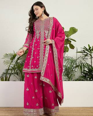 Saahmriga Pink Chinon Stitched Top With lehenga and Dupatta Full Sleeve Embroidered Kurta Palazzo Set 1
