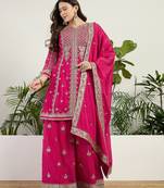 Saahmriga Pink Chinon Stitched Top With lehenga and Dupatta Full Sleeve Embroidered Kurta Palazzo Set