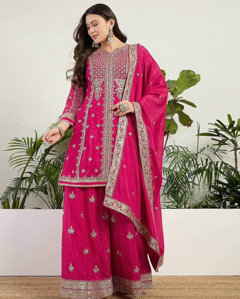Saahmriga Pink Chinon Stitched Top With lehenga and Dupatta Full Sleeve Embroidered Kurta Palazzo Set