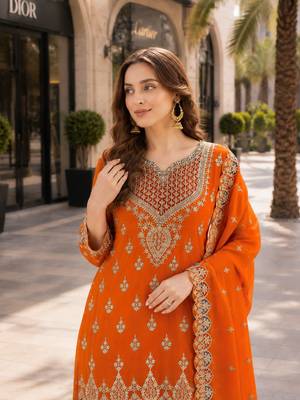 orange embroidered silk blend chiffon salwar suit 2