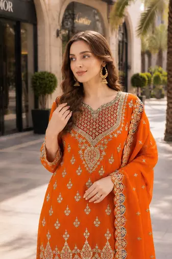 orange embroidered silk blend chiffon salwar suit