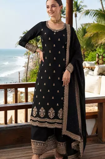 black embroidered georgette silk blend georgette salwar