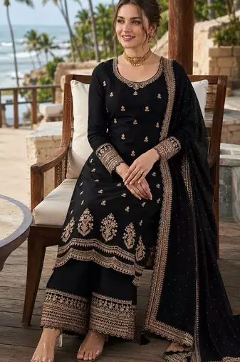 black embroidered georgette silk blend georgette salwar