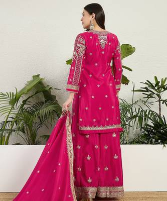 Saahmriga Pink Chinon Stitched Top With lehenga and Dupatta Full Sleeve Embroidered Kurta Palazzo Set 2