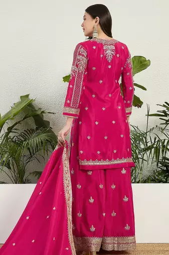 Saahmriga Pink Chinon Stitched Top With lehenga and Dupatta Full Sleeve Embroidered Kurta Palazzo Set