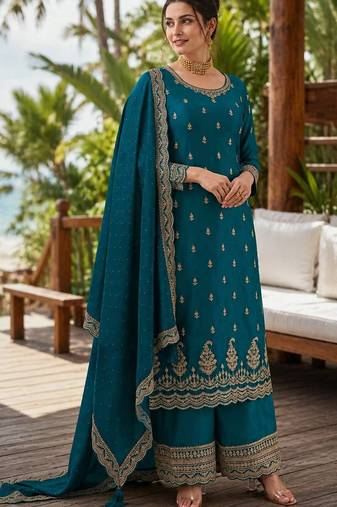 teal blue embroidered georgette silk blend georgette salwar