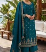 teal blue embroidered georgette silk blend georgette salwar