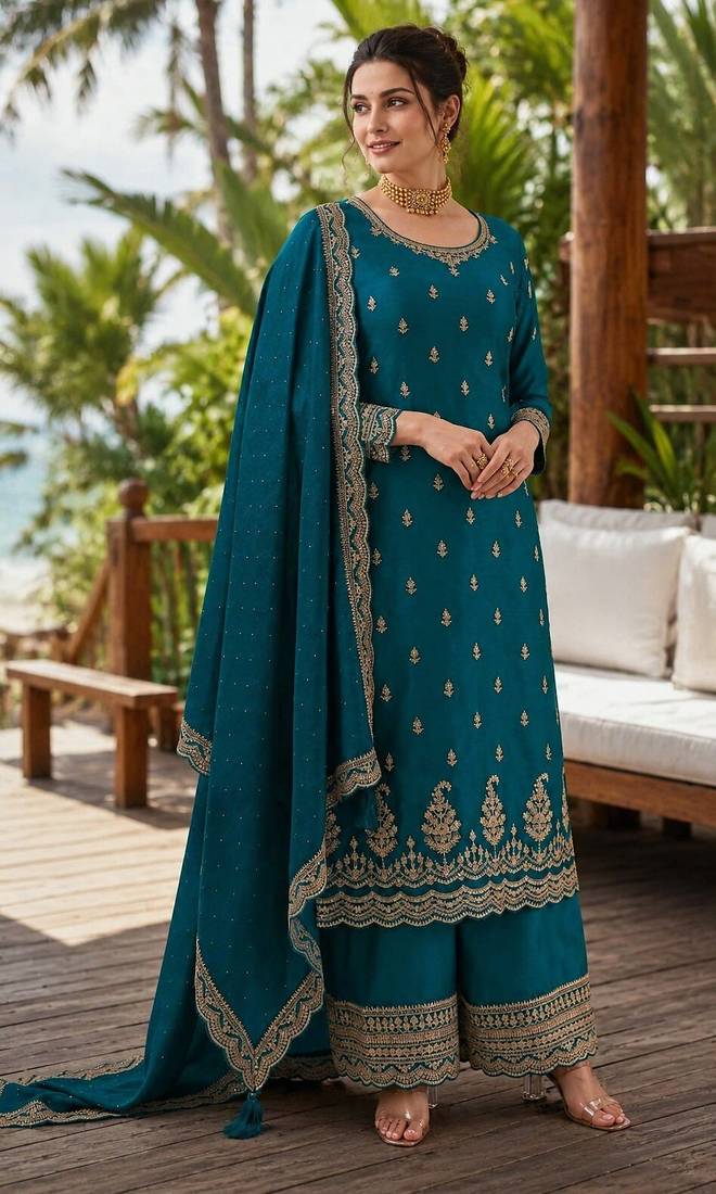 teal blue embroidered georgette silk blend georgette salwar