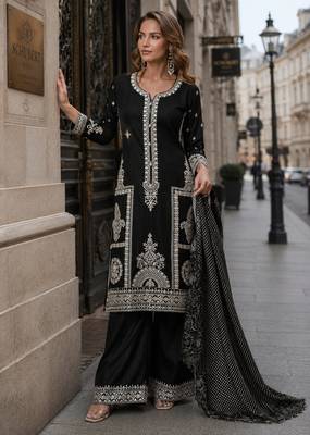 black embroidered silk blend salwar suit - free size 1
