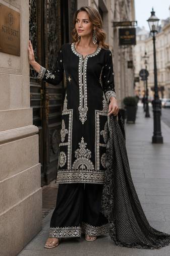 black embroidered silk blend salwar suit - free size