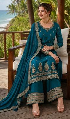 teal blue embroidered georgette silk blend georgette salwar 2