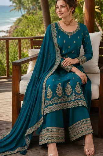 teal blue embroidered georgette silk blend georgette salwar