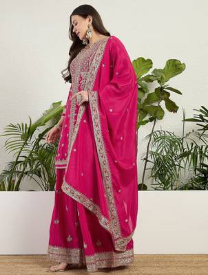Saahmriga Pink Chinon Stitched Top With lehenga and Dupatta Full Sleeve Embroidered Kurta Palazzo Set 3