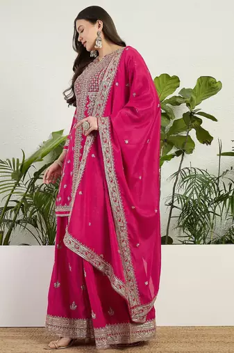 Saahmriga Pink Chinon Stitched Top With lehenga and Dupatta Full Sleeve Embroidered Kurta Palazzo Set