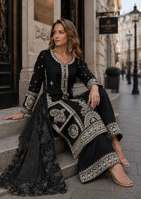 black embroidered silk blend salwar suit - free size 2