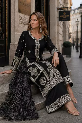 black embroidered silk blend salwar suit - free size