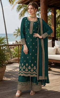 teal green embroidered georgette silk blend georgette salwar 1