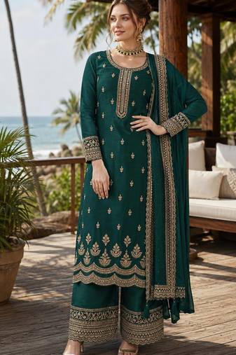 teal green embroidered georgette silk blend georgette salwar
