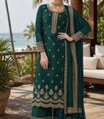 teal green embroidered georgette silk blend georgette salwar