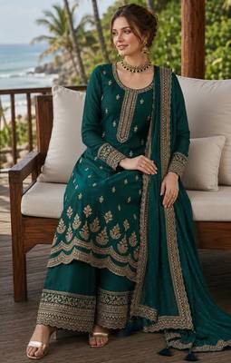 teal green embroidered georgette silk blend georgette salwar 2