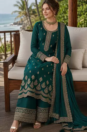 teal green embroidered georgette silk blend georgette salwar