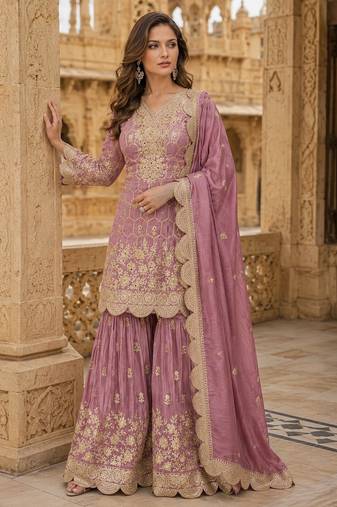 peach embroidered shimmer salwar suit