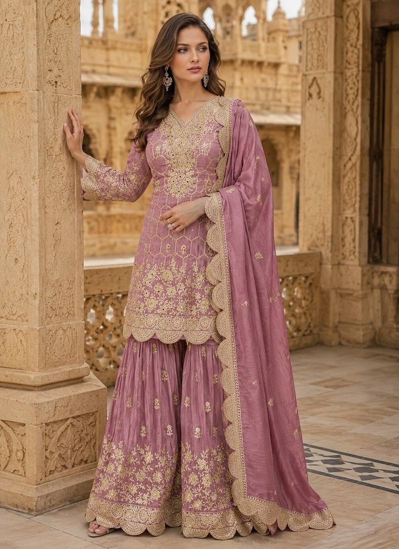 peach embroidered shimmer salwar suit