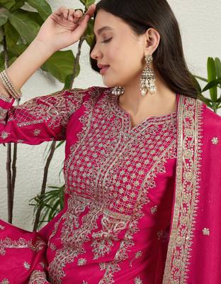 Saahmriga Pink Chinon Stitched Top With lehenga and Dupatta Full Sleeve Embroidered Kurta Palazzo Set 4