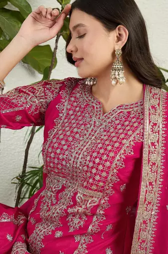 Saahmriga Pink Chinon Stitched Top With lehenga and Dupatta Full Sleeve Embroidered Kurta Palazzo Set