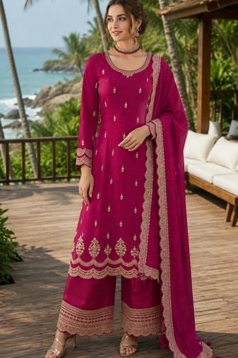 rani pink embroidered georgette silk blend georgette salwar