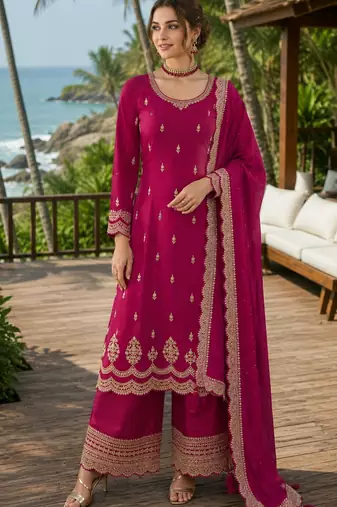 rani pink embroidered georgette silk blend georgette salwar