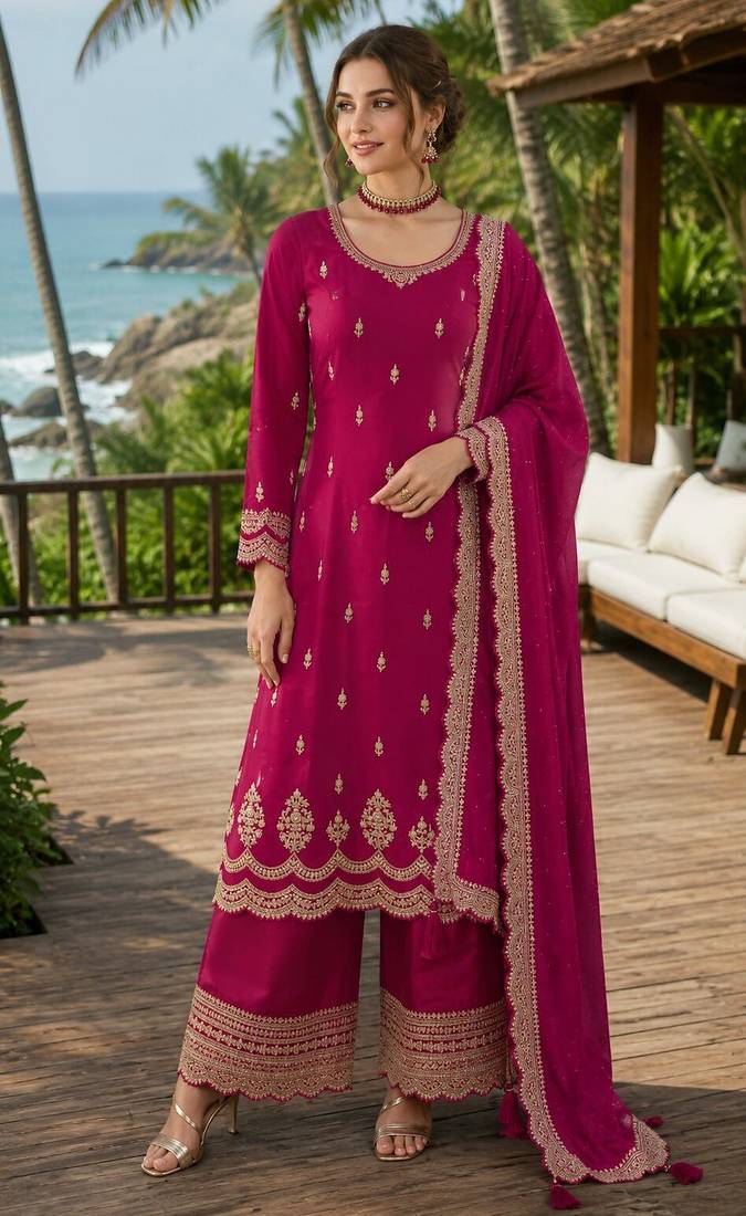 rani pink embroidered georgette silk blend georgette salwar