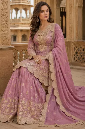 peach embroidered shimmer salwar suit