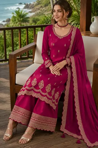 rani pink embroidered georgette silk blend georgette salwar