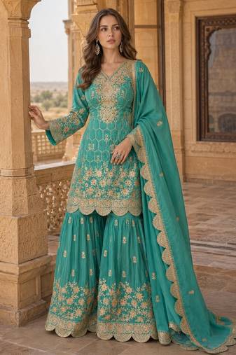 sky blue embroidered shimmer salwar suit