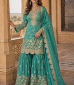 sky blue embroidered shimmer salwar suit
