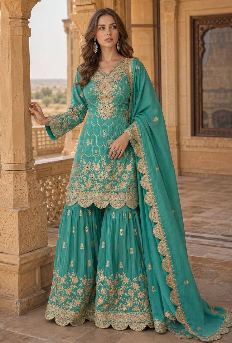 sky blue embroidered shimmer salwar suit