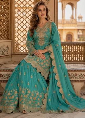 sky blue embroidered shimmer salwar suit 2