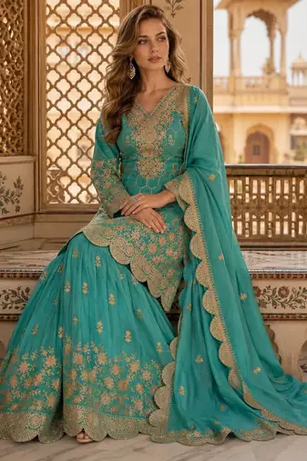 sky blue embroidered shimmer salwar suit