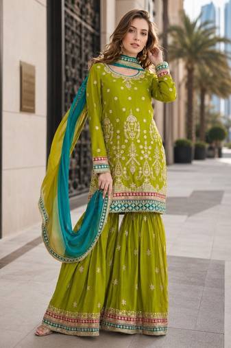 green embroidered silk blend chiffon salwar suit