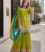 green embroidered silk blend chiffon salwar suit